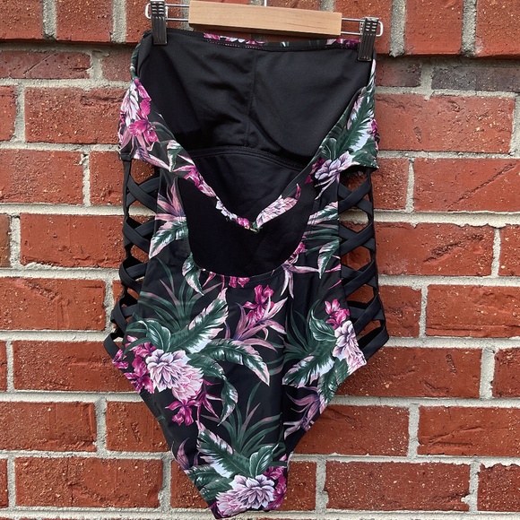 Bebe Swimsuit Bandeau One Piece Floral Nylon Spandex Black MultiColor Women L - Picture 2 of 8